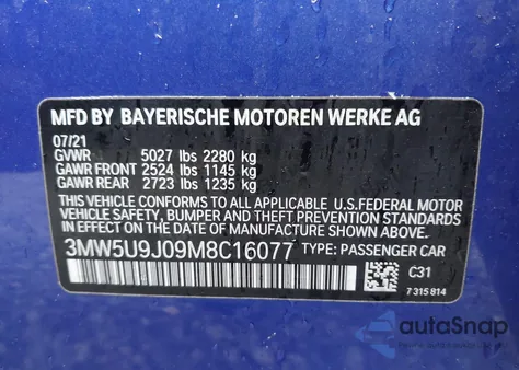 2021 BMW 3 Series M340I xDrive из США, поврежденный, VIN 3MW5U9J09M8C16077